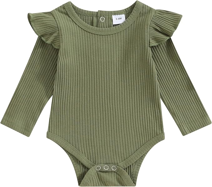 Mubineo Infant Baby Girl Basic Plain Rib Knit Ruffle Long Sleeve Romper Bodysuit Tops