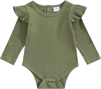 Mubineo Infant Baby Girl Basic Plain Rib Knit Ruffle Long Sleeve Romper Bodysuit Tops
