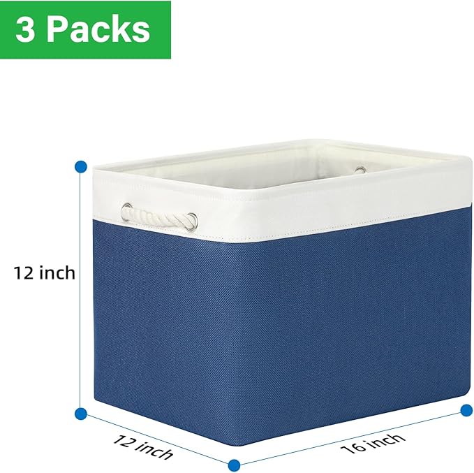 Bidtakay Large Storage Baskets for Shelves 3 Pack Fabric Storage Bins for Organizing Navy Blue Decorative Baskets Linen Collapsible Organizer for Closet