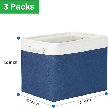 Bidtakay Large Storage Baskets for Shelves 3 Pack Fabric Storage Bins for Organizing Navy Blue Decorative Baskets Linen Collapsible Organizer for Closet