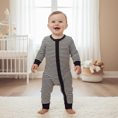 Karuedoo Newborn Infant Baby Boy Clothes Striped Waffle Long Sleeve Zipper Romper Jumpsuit One-Piece Fall Winter Outfit