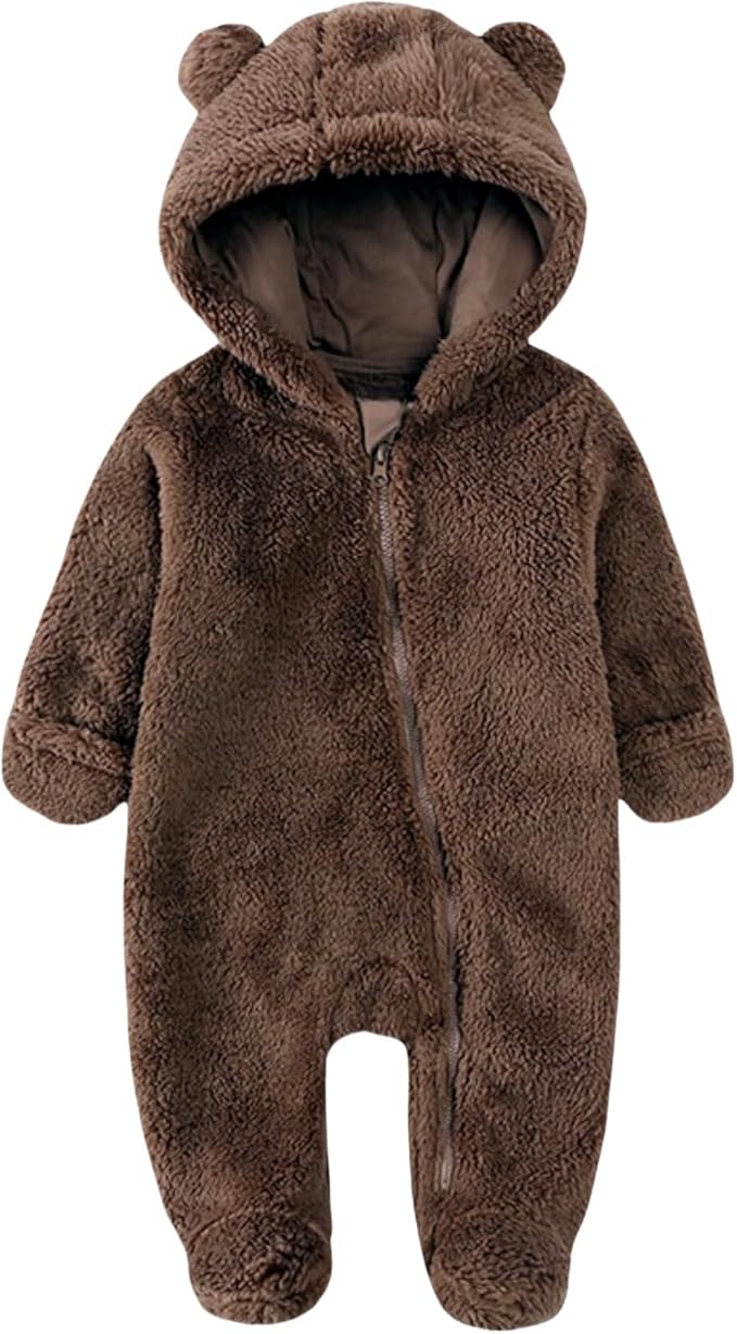 CAHL&FAUO Newborn Snowsuit Baby Cartoon Bear Onesie Warm Fleece Hooded Romper Jumpsuit