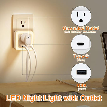 JackonLux Night Lights Plug Into Wall 2 Pack Rechargeable Battery Backup Light Dusk to Dawn Sensor Night Light with Outlet Expander for Adults Kids Bedroom, Kitchen, and Bathroom (Soft White - 3000K)