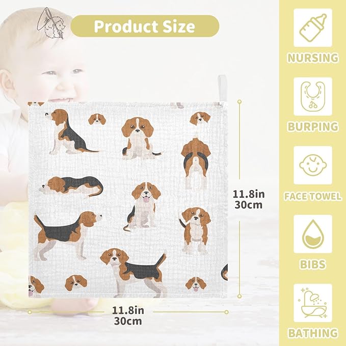vvfelixl Baby Muslin Washcloths Beagle Puppy Baby Burp Cloths Cotton Baby Face Towel for Newborn Infants Boys Girls Soft and Absorbent 11.8 X 11.8 in, 3 Pack