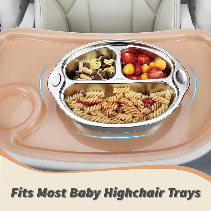 MR. CHOU Stainless Steel Baby Suction Plate, Divided Plates for Babies & Toddlers, 100% Food Grade Kids Plates for Baby Led Weaning, BPA Free Toddler Feeding Supplies, Dishwasher Safe, Gray