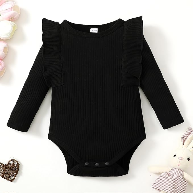 0-24M Infant Ribbed Romper Baby Girls Knit Ruffle Bodysuit Toddler Girl Solid Color Jumpsuit Holiday Shirt Tpos