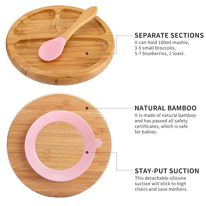 Toddler Bamboo Plates, Bowls and Spoon Set, Wooden Feeding Utensils for Infant’s Easy Self Eating at 1 Stage, Stay Put Silicone Suction Plate and Bowl and Soup Spoon for Baby Led Weaning