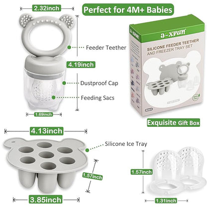 JEXFUN Baby Fruit Food Feeder & Mini Freezer Nibble Tray Combo, Breastmilk Popsicle Molds for Baby Cooling Relief, BPA Free Silicone Feeder for Safe Infant Self Feeding, 4 Month+ (Light Grey)