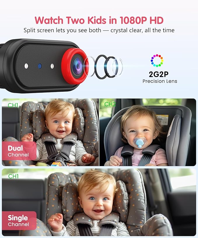 BM2 PRO Dual Baby Car Camera, 5.2" 1080P HD Display for Rear-Facing Car Seats, IR Night Vision, Anti-Shake Mount, Easy Install – Ideal for Parents with 2 Kids and Pets