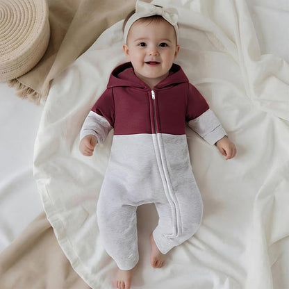 Newborn Baby Boy Fall Outfit Romper Long Sleeve Hooded Contrast Color Zipper Onesie Jumpsuit Bodysuit Infant Clothes