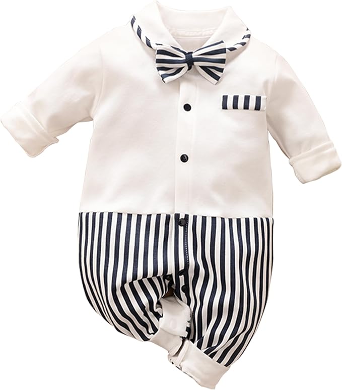HUAANIUE Newborn Baby Boys Gentleman Romper One Piece Long Sleeve Bowtie Outfit Formal Wear Tuxedo Suit