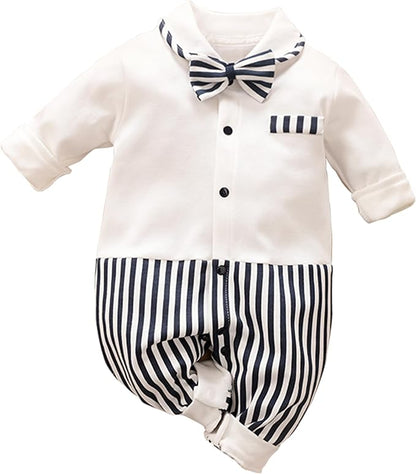 HUAANIUE Newborn Baby Boys Gentleman Romper One Piece Long Sleeve Bowtie Outfit Formal Wear Tuxedo Suit