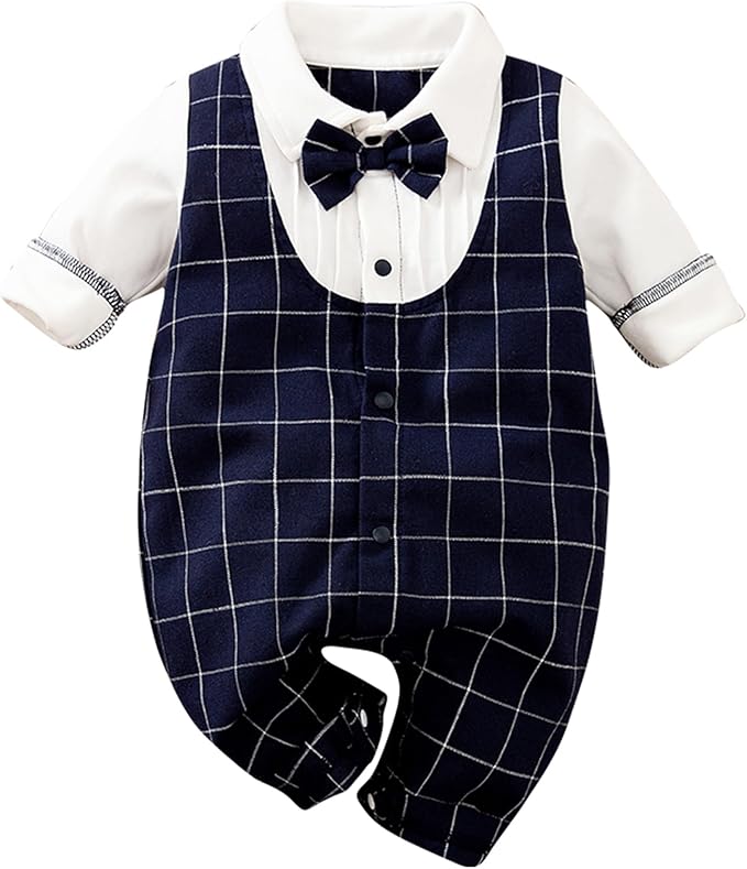 HUAANIUE Newborn Baby Boys Gentleman Romper One Piece Long Sleeve Bowtie Outfit Formal Wear Tuxedo Suit