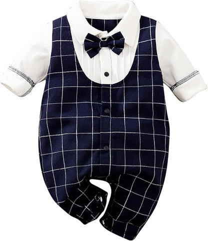 HUAANIUE Newborn Baby Boys Gentleman Romper One Piece Long Sleeve Bowtie Outfit Formal Wear Tuxedo Suit