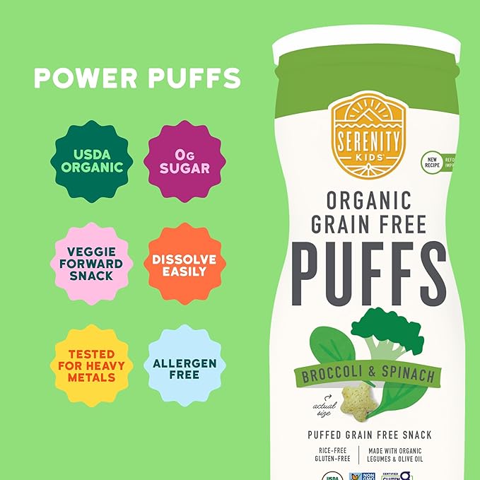 Serenity Kids 6+ Months Grain-Free Allergen-Safe Toddler & Baby Puffs - No Grains, Gluten, Nuts, Rice - Organic Veggies, Legumes, Olive Oil Baby Snacks - 1.5 Ounce, Pack of 6, Broccoli & Spinach