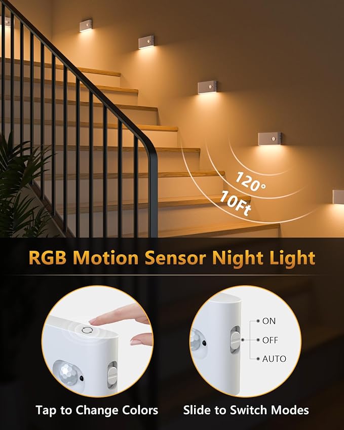 WILLED Stair Lights Indoor, RGB & Warm White Motion Sensor Night Light, Color Changing Motion Sensor Light Indoor, Rechargeable Night Light for Stair,Hallway,Bathroom,Cabinet,Closet,Kitchen,6 Pack