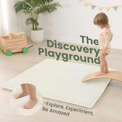 Baby Play Mat for Floor,1.3" Thick Elasti-Foam 50"×50" Playpen Mat for Tummy Time,Water Repellent Soft Coral Velvet for Toddler,Infant,Kids,Non-Slip Backing Safe for Crawling(Cream)
