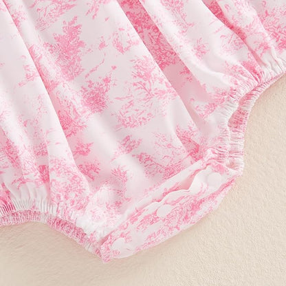 Infant Baby Girls Romper Floral Ruffle Sleeve Pleated Smocked Bubble One Piece Ruched Jumpsuit Summer Bodysuit