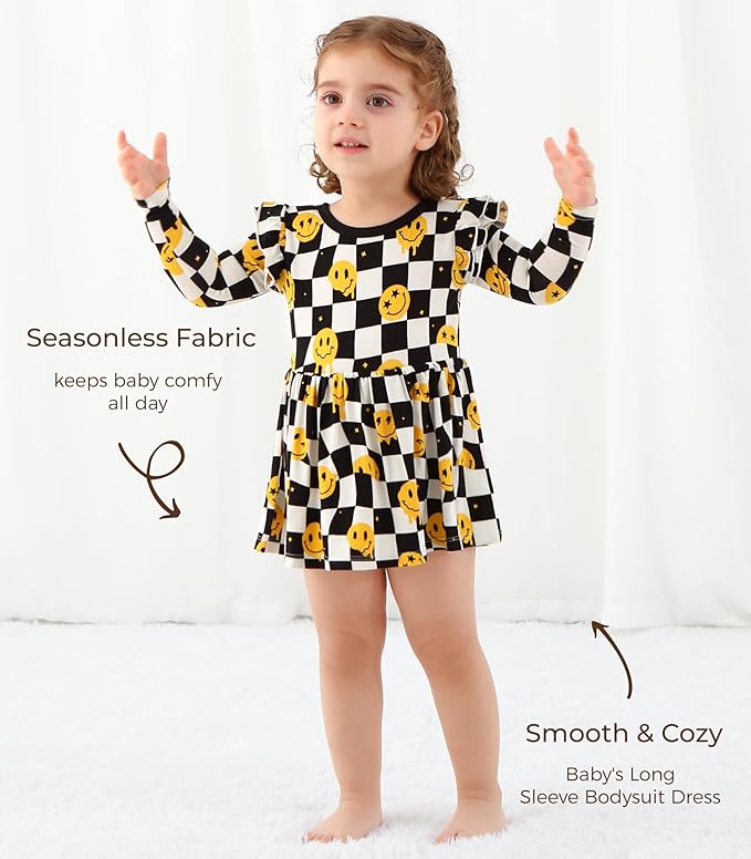 Baby Girl Bodysuit Dress- Viscose Made from Bamboo, Long Sleeve Flutter Skater Dress with Bodysuit Infant Outfit
