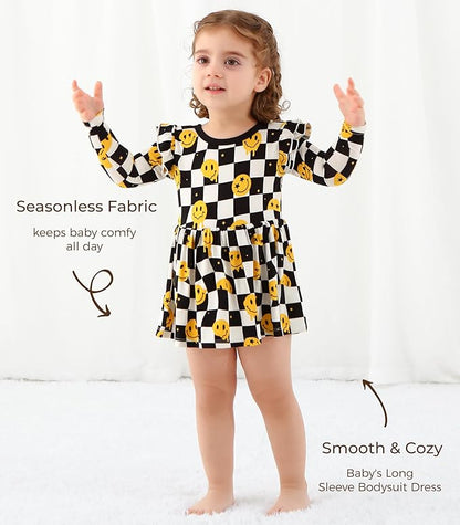 Baby Girl Bodysuit Dress- Viscose Made from Bamboo, Long Sleeve Flutter Skater Dress with Bodysuit Infant Outfit