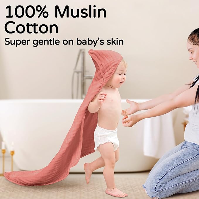 Yoofoss Hooded Baby Towels for Newborn 2 Pack 100% Muslin Organic Cotton Baby Bath Towel with Hood for Babies, Infant, Toddler and Kids, 32x32Inch, Soft and Absorbent Newborn Essential,Pink Rainbow