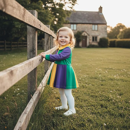 Infant Baby Girl Mardi Gras Outfit Yellow Green Purple Long Sleeve Zipper Romper Dress A-Line Tutu Skirt Bodysuit