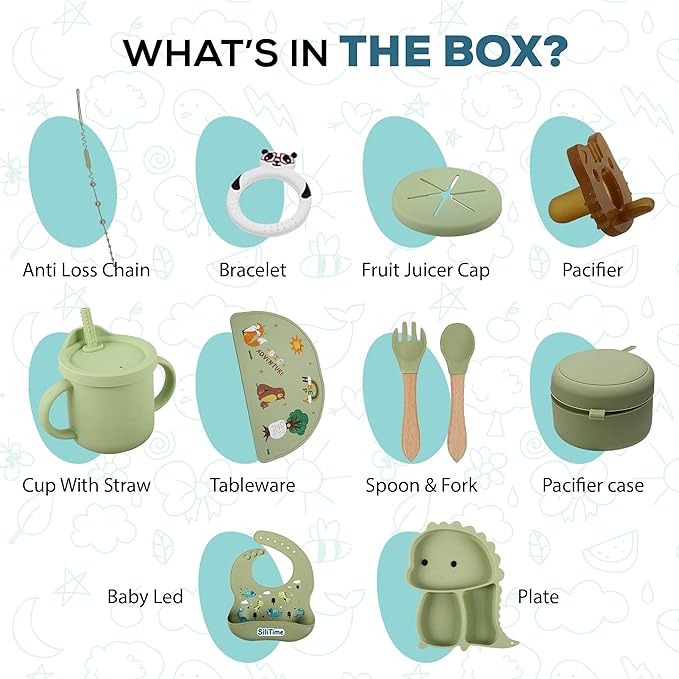 SiliTime Dinosaur-Themed Silicone Baby Feeding Set – Suction Mat with Food Catcher & Pacifier – 8-Piece BPA-Free Toddler Mealtime Essentials for Baby-Led Weaning