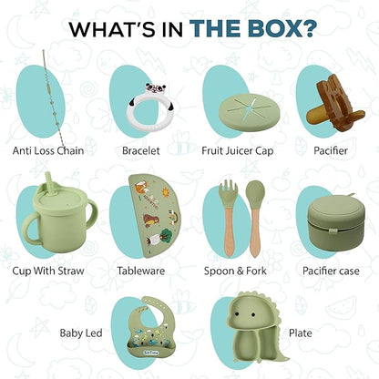 SiliTime Dinosaur-Themed Silicone Baby Feeding Set – Suction Mat with Food Catcher & Pacifier – 8-Piece BPA-Free Toddler Mealtime Essentials for Baby-Led Weaning