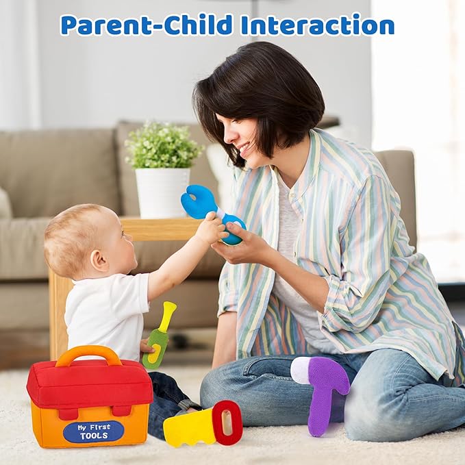 KMUYSL Baby Toys 0-6-12 Months, My First Tools Plush Toys -4 Pcs Sensory Playset Soft Toys with Squeaker Crinkle for 0-6-9-12 Months Newborn Infant, Birthday Christmas Gifts for Boys Girls