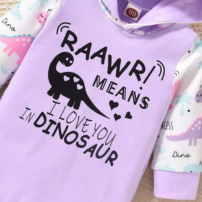 Newborn Infant Baby Girl Dinosaur Outfit Long Sleeve Hoodie Romper Bodysuit and Pants with Headband Set