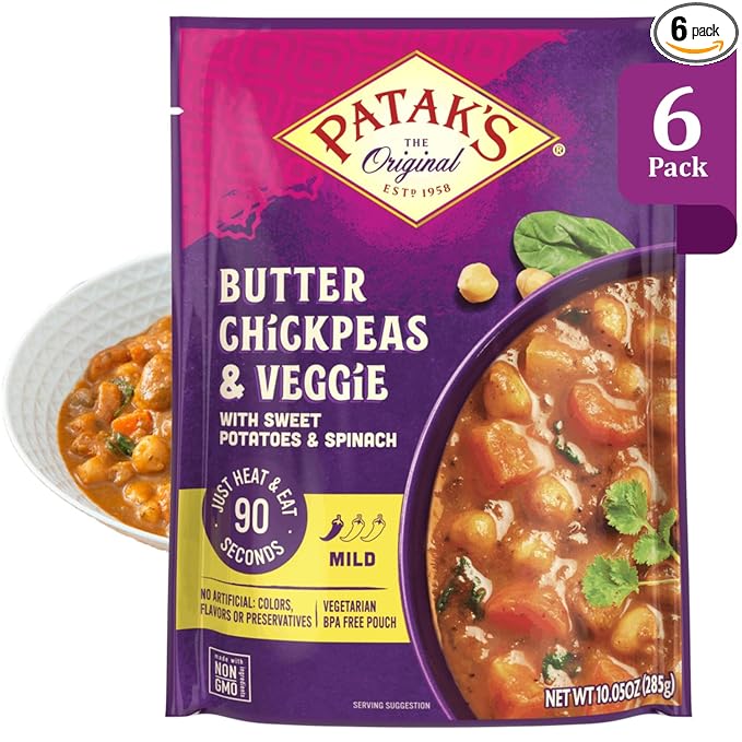 Patak’s Butter Chickpeas & Veggies - Vegetarian Ready to Eat Meal - Mild Indian Curry w/Chickpeas, Spinach & Veggies - Microwave Meal for Quick Dinners - Serve with Rice or Naan - 10.5oz (Pack of 6)