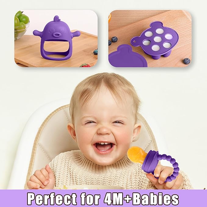 Baby Fruit Food Feeder Breastmilk Popsicle Molds for Teething Relief - 3 Pack Feeding Sets - 1 Freezer Tray with Lid & 1 Teether & 1 Silicone Pacifier + 3 Extra Sizes Infant Feed Mesh (Purple)