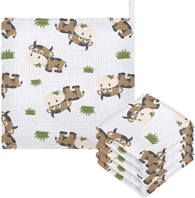 vvfelixl Cotton Brown Cow Grass Muslin Washcloths - Soft Baby Face Towel for Newborns, 11.8 X 11.8 Inch, 3 Pack