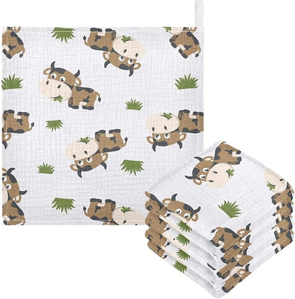 vvfelixl Cotton Brown Cow Grass Muslin Washcloths - Soft Baby Face Towel for Newborns, 11.8 X 11.8 Inch, 3 Pack