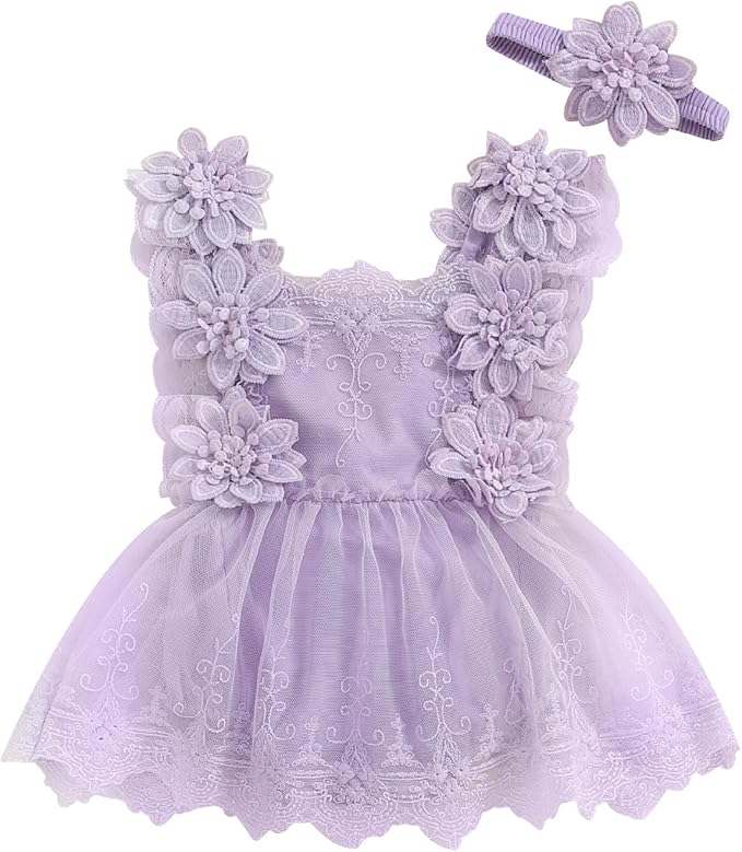 Infant Baby Girl Lace Romper Baby Tulle Dress Romper Flowers Bodysuit Spring Summer Festival Clothes with Headband