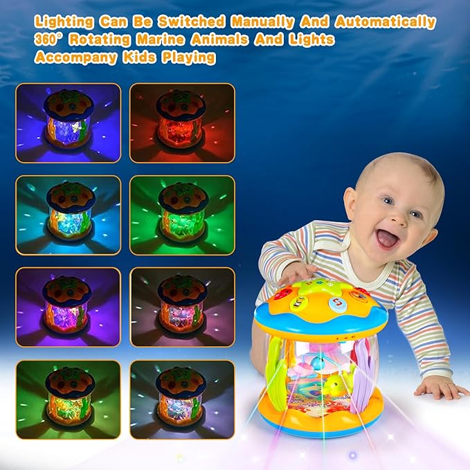 Tsomtto Baby Musical Toys 12 Months Rotating Projector Light Up Infant Tummy Time Toys Sensory Toddler Toy Age 1-2-4 New Birthday Gifts for 1 Year Old Girl Boy Baby Aquarium Learning Toy