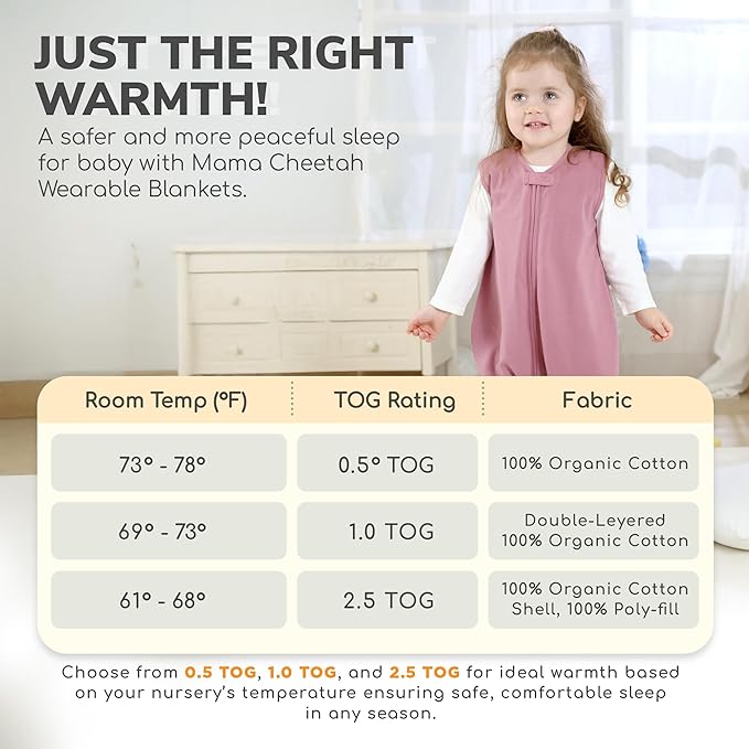Mama Cheetah Toddler Sleep Sack with Feet, 1.0 TOG Organic Cotton Baby Wearable Blankets with Legs, Baby Sleeping Bag for Walkers, Early Walker 6-18 Month