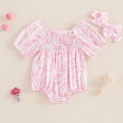 Infant Baby Girls Romper Floral Ruffle Sleeve Pleated Smocked Bubble One Piece Ruched Jumpsuit Summer Bodysuit