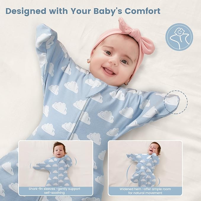 ZIGJOY Baby Transitional Swaddles for Newborns: 0.5 Tog Arms Up Sleep Sack 3-6-12 Months Soft Cotton Shark Fin 2 Way Zipper
