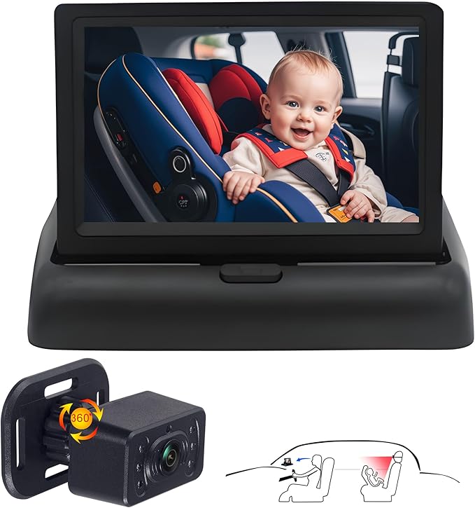 Baby Car Camera for Backseat-HD 720P 4.3 inch Monitor with Night Vision, 360° Rotation, 150° Wide View Angle. Protects Your Baby’s Eyes.Rear-Facing Backseat Camera for Kids, Infants, and Newborns KB45