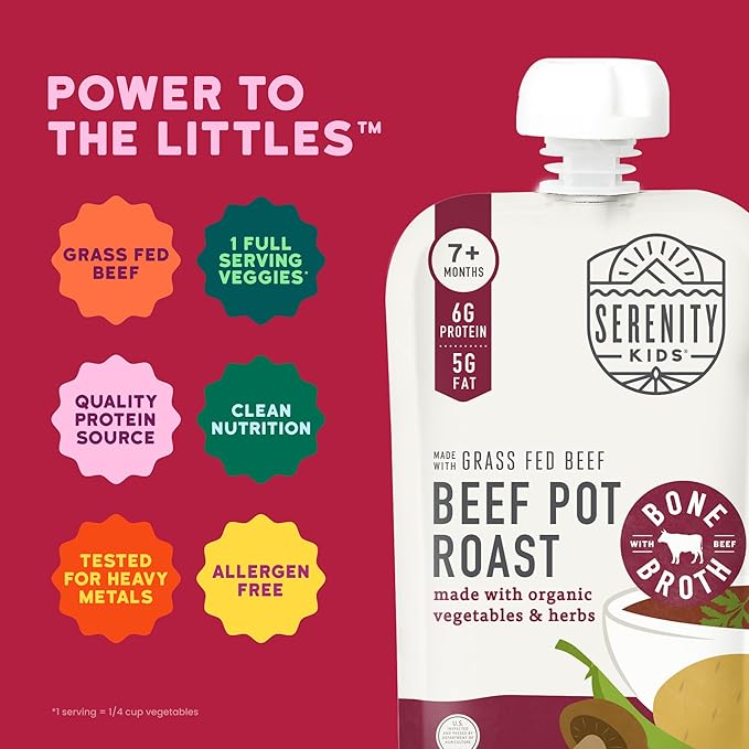 Serenity Kids 7+ Months Beef Pot Roast Bone Broth Puree Baby Food Pouches - No Added Sugar Beef Bone Broth Puree - Protein-Packed Toddler Meal - BPA-Free Toddler Food Pouch - 3.5 Oz, Pack of 12
