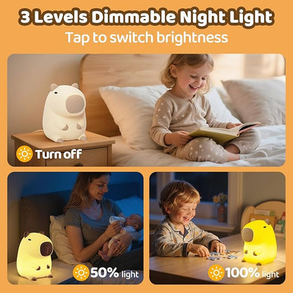Huggwaii Squishy Capybara Night Light for Kids - Soft Silicone Tap-Control Kids Night Light with 2 Brightness Levels & 20-Min Timer, Cute Lamp for Nursery Bedroom Decor, Baby Gift (1200mAh Battery)
