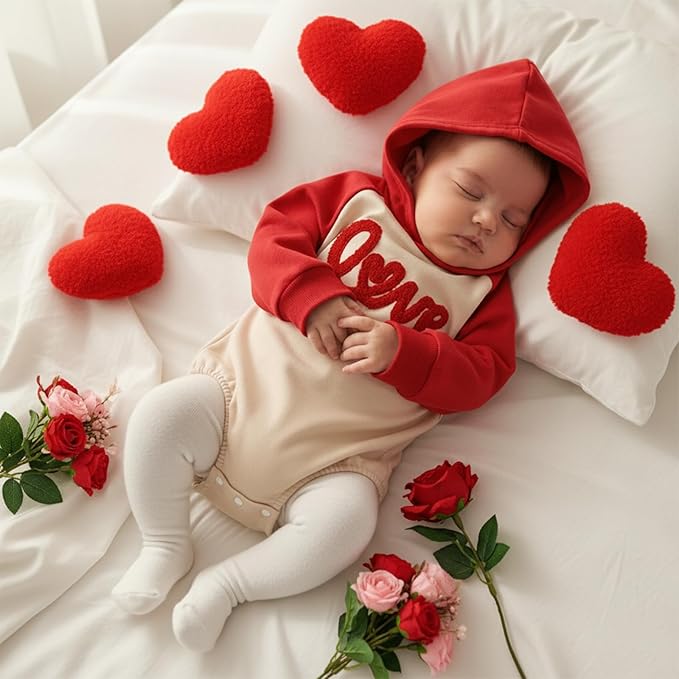 Thorn Tree Baby Boy Valentines Outfit Hooded Sweatshirt Bubble Romper Newborn Sweater Infant Onesie Hoodie