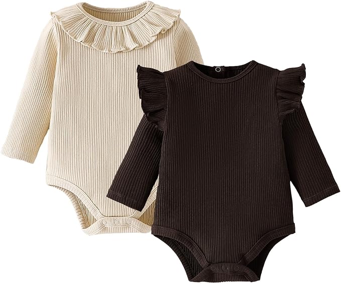 ROMPERINBOX Baby Girl Bodysuit 2 Pack, Long Sleeve Ribbed Knitted Onsies Ruffle Collar and Flutter Sleeve Fall Winter Clothes