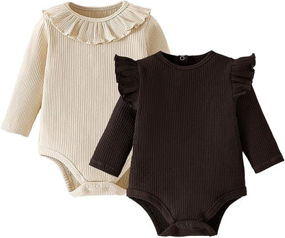ROMPERINBOX Baby Girl Bodysuit 2 Pack, Long Sleeve Ribbed Knitted Onsies Ruffle Collar and Flutter Sleeve Fall Winter Clothes