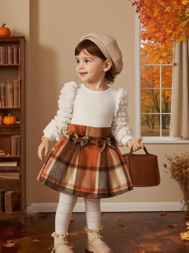 Toddler Baby Girl Plaid Dress Puff Sleeve Bow Patchwork Ribbed Shirts Dress Plaid Fall Winter Outfits with Headband
