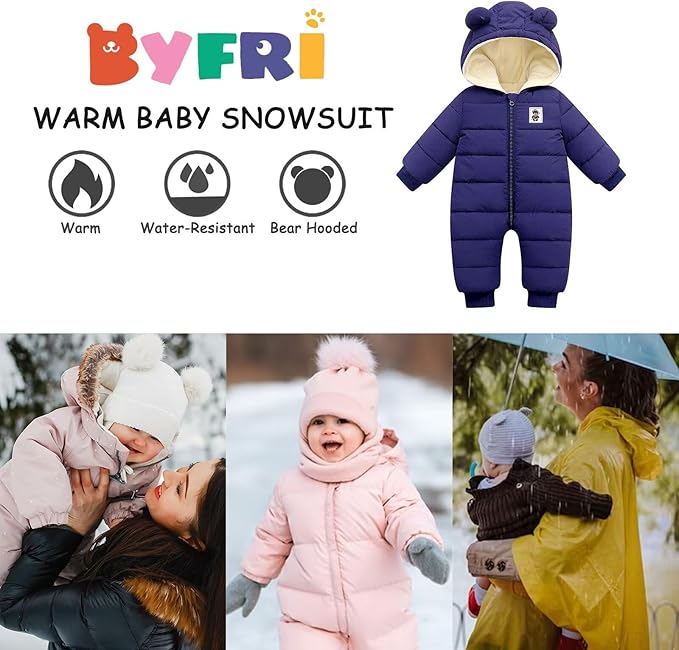 BYFRI Baby Boys Girls Snowsuit Newborn Cozy Winter Coat Infant Bear Hooded Jumpsuit Toddler Snow Outfit for 0-24 Months