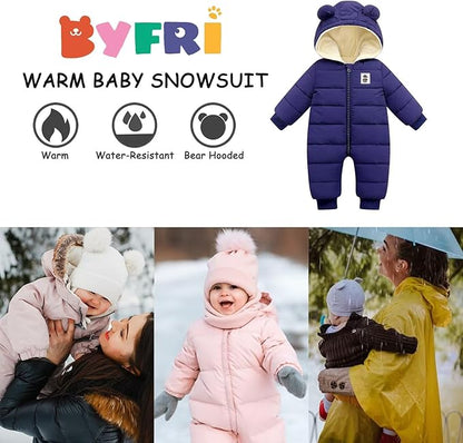 BYFRI Baby Boys Girls Snowsuit Newborn Cozy Winter Coat Infant Bear Hooded Jumpsuit Toddler Snow Outfit for 0-24 Months