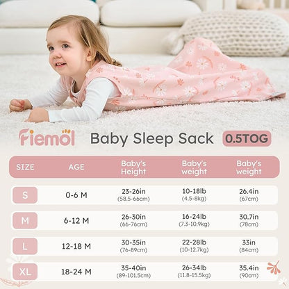 Baby Sleep Sack 12-18 months, 100% Cotton Sleeping Sack for Newborn and Infant, 3 Pack Baby Wearable Blanket for Boy and Girl, 0.5 Tog Lightweight Double Zipper Sleep Bag Pink Orange Flower