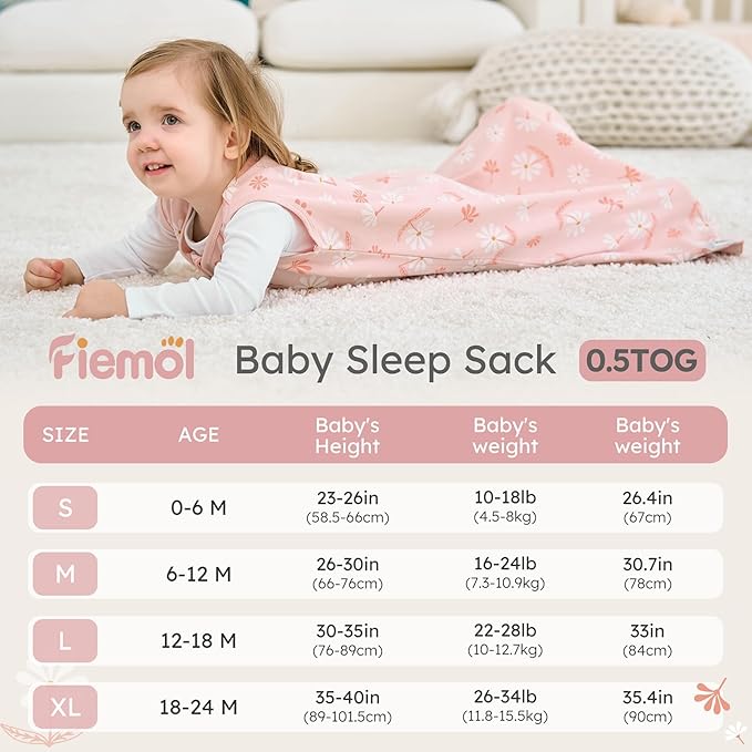 Baby Sleep Sack 0-6 Months, 100% Cotton Sleeping Sack for Newborn and Infant, 3 Pack Baby Wearable Blanket for Boy and Girl, 0.5 Tog Lightweight Double Zipper Sleep Bag Pink Orange Flower